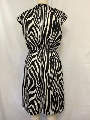 H&M Womens Size 6 Dress Black White Satin Zip Front Zebra Sheath