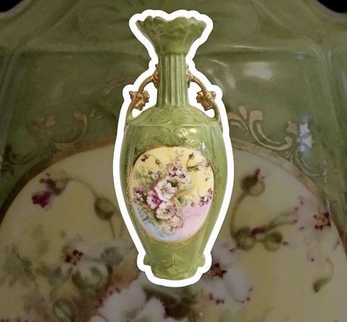 Antique Rudolstadt RW Vase Two Handled/Hand Painted Green Floral - Approx 8 3/4" - Picture 8 of 12