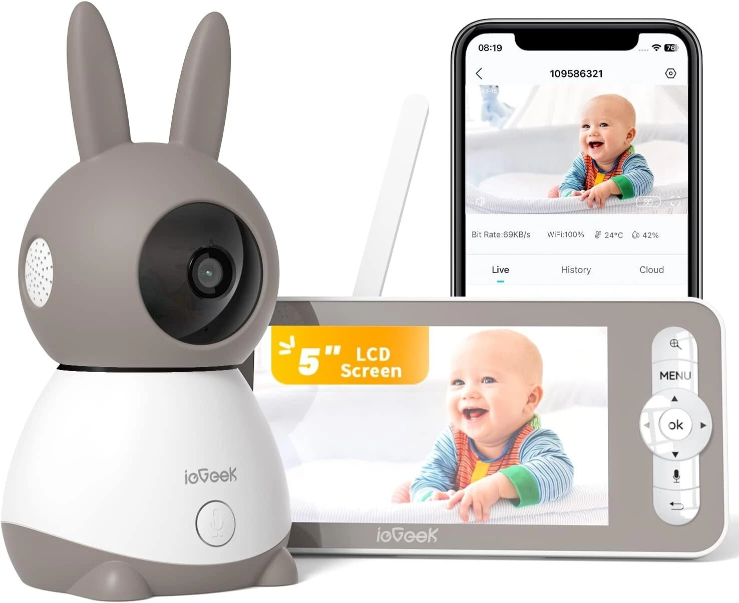 ieGeek 5" WiFi Video Baby Monitor with Camera and Audio,2 Way Talk, 360° PTZ