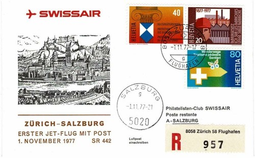 SWITZERLAND HELVETIA 1977 FIRST FLIGHT SWISSAIR REGISTERED COVER ZURICH SALZBURG
