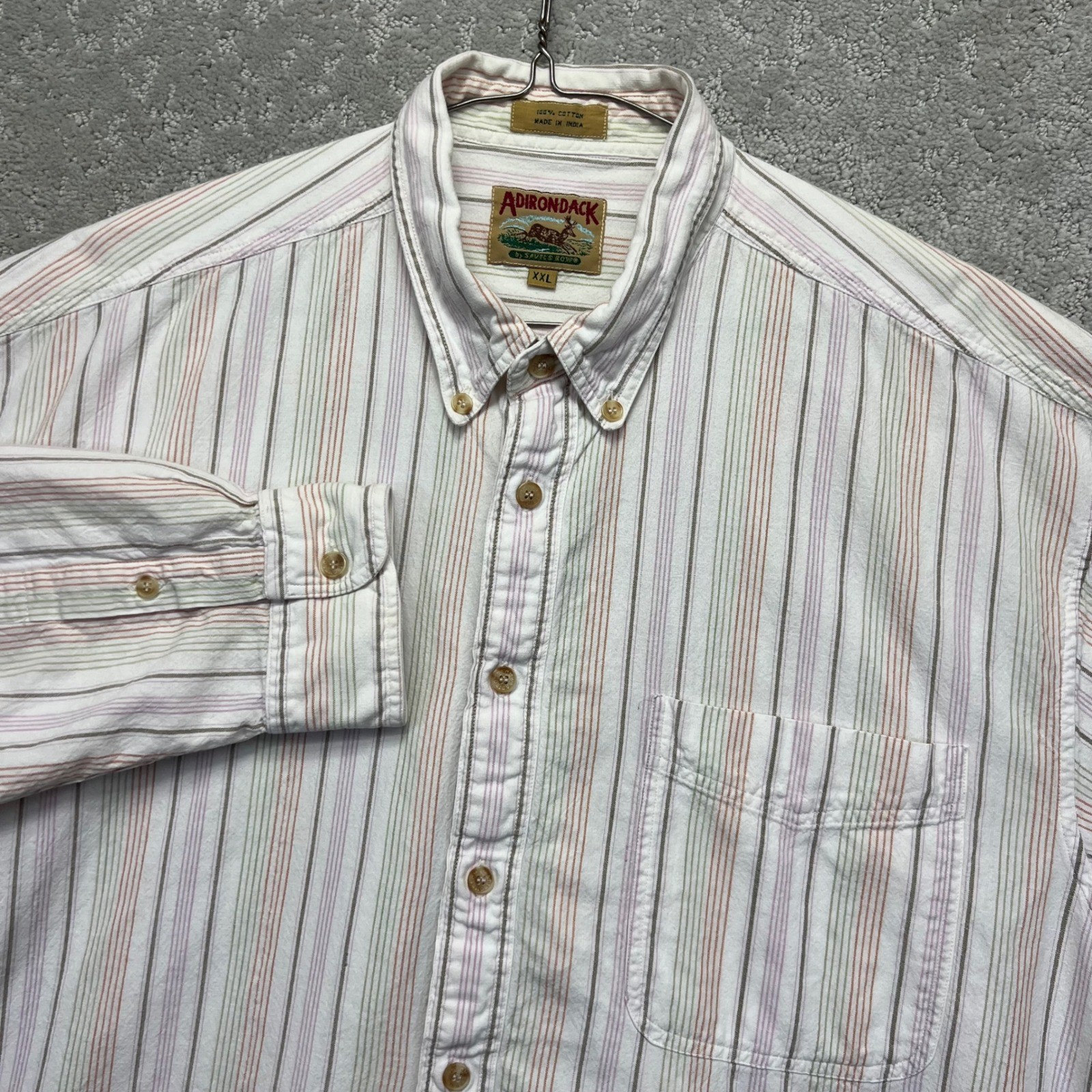 VINTAGE Adirondack Shirt Mens XXL White Multi Color Vertical Stripe Cotton