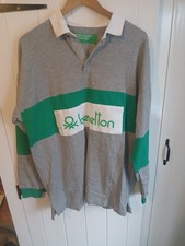 Benetton Large Grey And Green Rugby Polo Shirt Long Sleeved