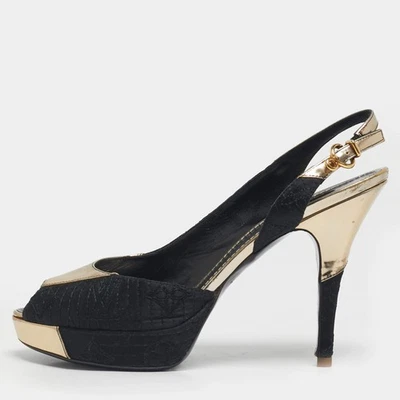 Escarpins bout ouvert Louis Vuitton taille 39 en cuir noir et or et satin - Photo 1/4