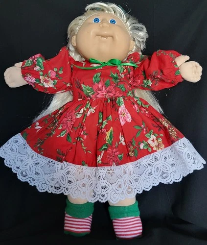Cabbage Patch Kids 1984 Blonde Cornsilk Blue Eyes Christmas Dress Socks Bow