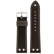 Pilot Watch Band with Rivets Dark Brown White Stitching 20mm - 24mm 