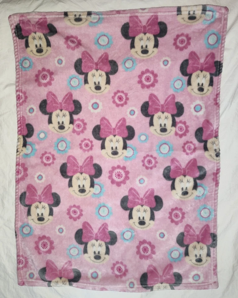 Disney Baby Minnie Mouse Blanket Pink Face Blue Flowers Soft Fleece Bow White - Image 2 of 4