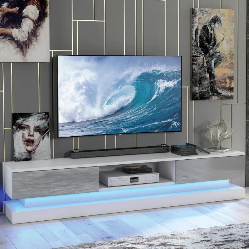 OLIVIA FURNITURE 180cm Modern TV Unit Cabinet | Grey High Gloss Doors | Sideboard with Free LED