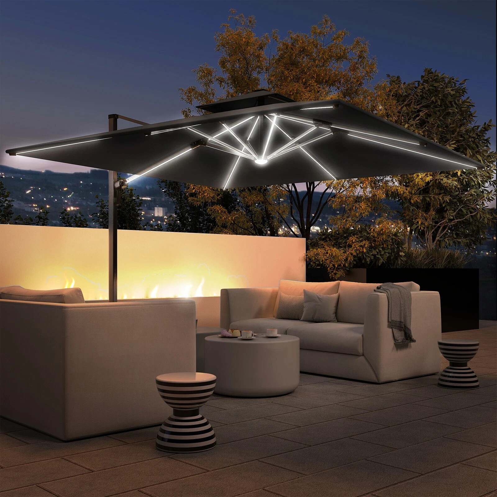 Outsunny Garden Cantilever Parasol, Patio Umbrella with Solar LED Lights - Grey