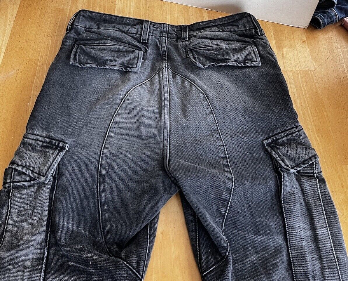 $995 Amiri M65 Grey Black Denim Snap Flare Leg Cargo Pocket $995 Amiri M65 Grey Black Denim Snap Flare Leg Cargo Pocket