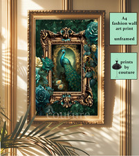 Peacock Wall Art, Green, Gold, Baroque Style, Glam Roses, Home Decor A4 Print