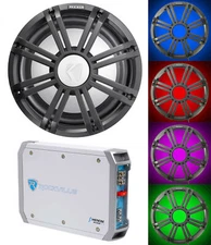 KICKER 45KMF104 10" Free Air Marine Subwoofer+Amplifier+Charcoal Grille w/LED's