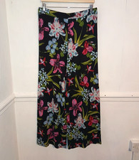 TU Womens Trousers Black Size UK 14 Floral Blue Pull on Wide Leg Pink High Rise