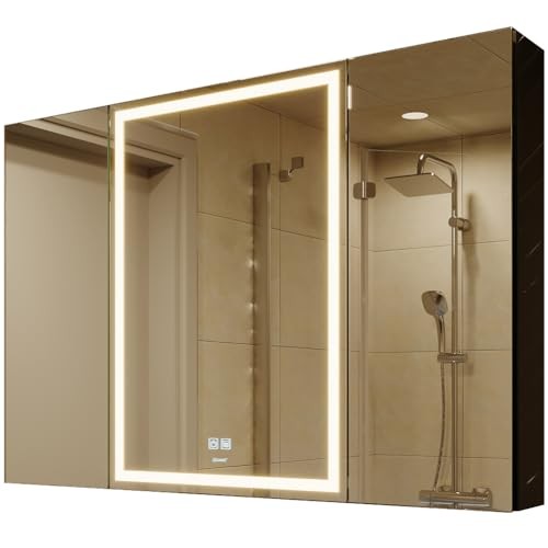LED Lighted Bathroom Medicine Mirror Cabinet with Sockets & USBs, Anti-Fog Di...