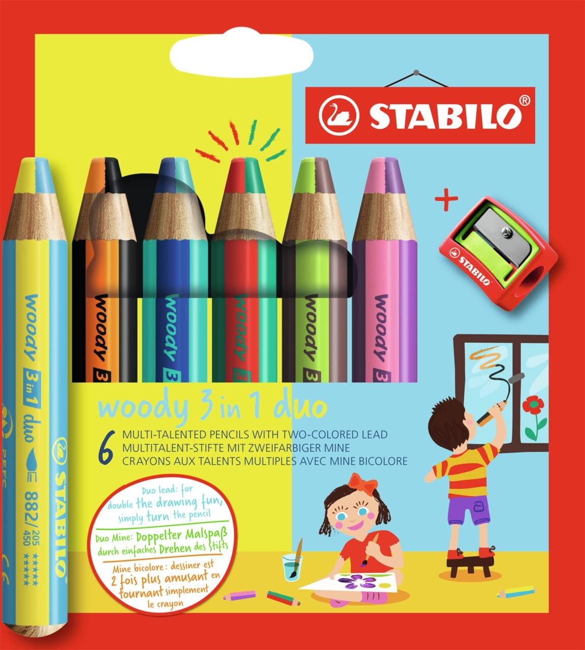 - Stabilo Woody 3 In 1 Duo - Pack Of 6 - Assorted Colours