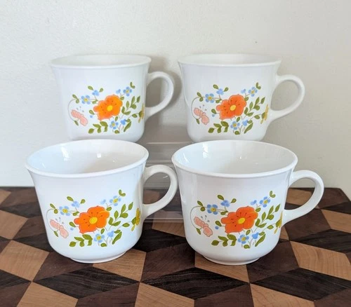 Corning / Corelle Set of 4 Vintage Wildflower Coffee Tea Cups/Mugs USA 