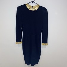 ST JOHN By Marie Gray Black Santana Knit Gold Leather Trim Dress Size 6 Made USA