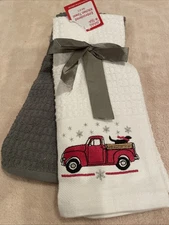 NWT ~2 Different Winter/  Xmas  Kitchen Towels~ Embroidered Red Truck Dog Cotton