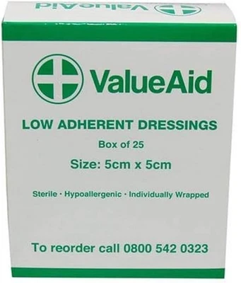 VALUE AID Low Adherent Wound Dressing Pads 5cm x 5cm – Sterile, Non-Stick (25 Pack)