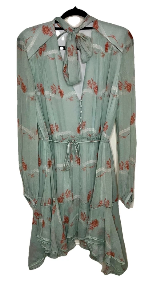 100% 真丝 Jonathan Simkhai Seafoam FloralIrena 玫瑰连衣裙分层褶边 M 码 — 第 4/4 张图片