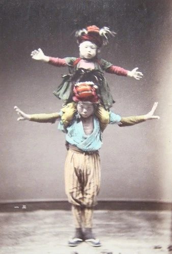 Japan 19th Century Photo - Watercolor Albumen Print - Young Acrobats