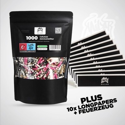 1000x KAILAR Cellulose Aktivkohlefilter Slim Ø 5,9mm + 10x Papers + Feuerzeug