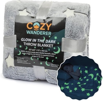 Kids Glow in The Dark Throw Blanket, Ultra-Soft Moon & Stars Gray Fleece Blanket