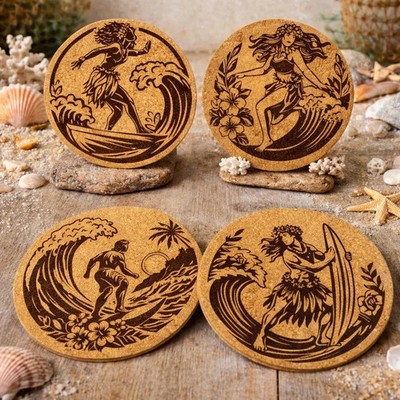 Hawaiian Surf Cork Coasters   Tropical Island Hula & Wave Set