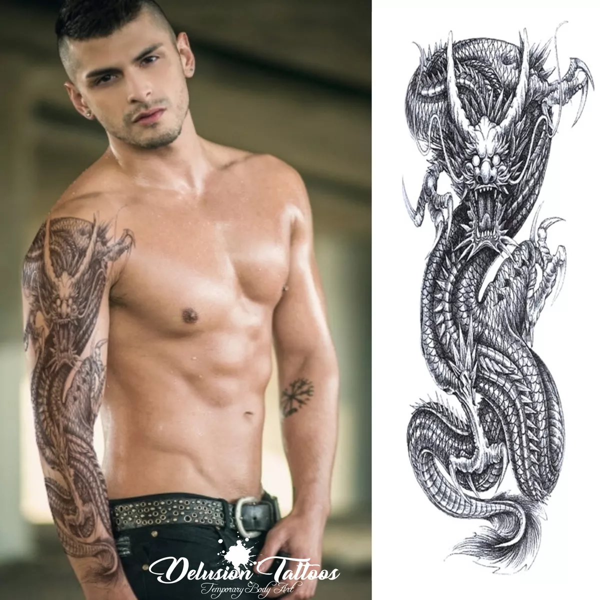 REALISTIC TEMPORARY TATTOO SLEEVE, DRAGON, CHINESE, ORIENTAL, ARM, MENS,  WOMENS