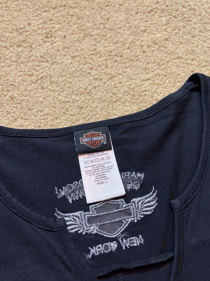 Camiseta negra vintage Y2K años 2000 Harley Davidson motocicleta encaje transparente motociclista L Foto 4 de 4