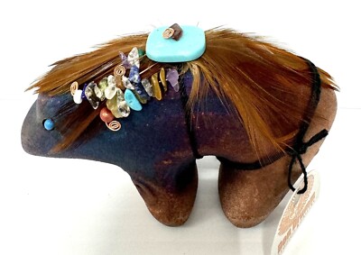 Raku Pottery Spirit Bear Fetish w Feathers & Beads By Jeremy Diller Signed New