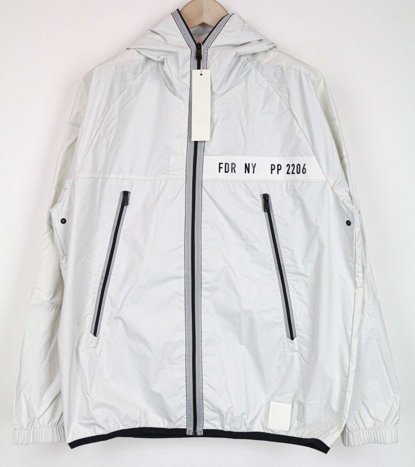 Replay Hombre Chaqueta L Gris Claro Reflectante Ligero Cremallera con Capucha