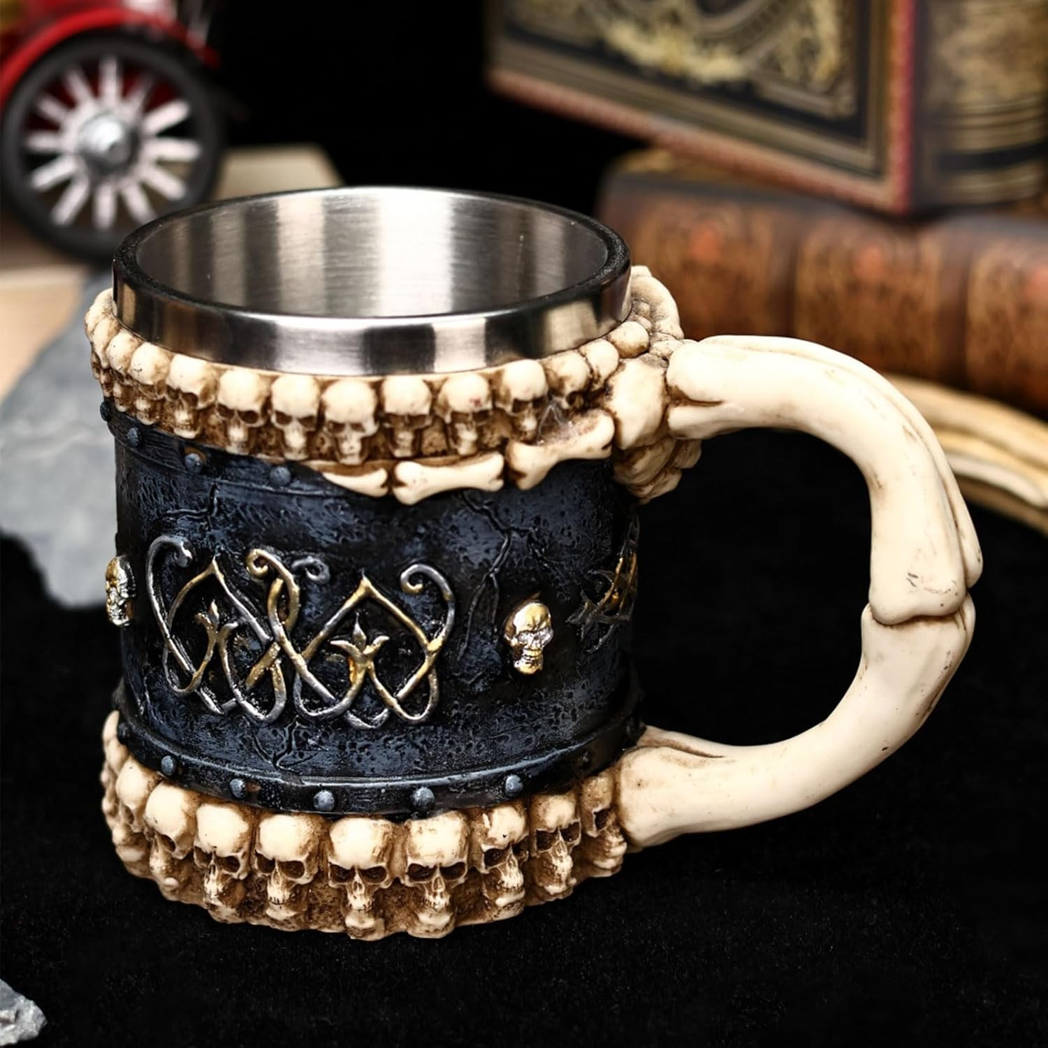 Skull Mug Cup, Halloween Skeleton Drinking Cup, Resin + Stainless Steel Coffee M