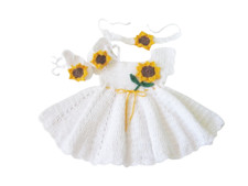 Crochet White Baby Dress, Shoes, Headband Whit Sunflower, Baby Shower Dress Newb