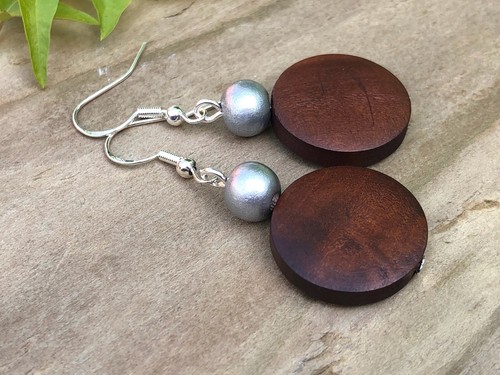 Light Brown or Dark Brown Round Wooden Bead Earrings. Gold or Silver. UK Made - Picture 19 of 23
