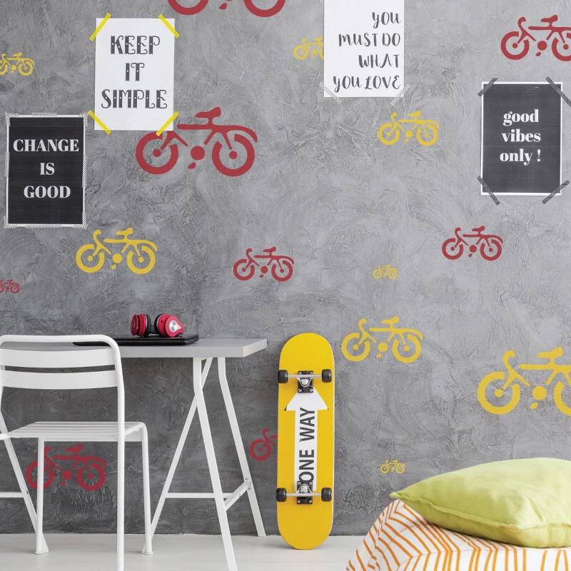 5x stencil riutilizzabili in PLASTICA/ da 34x34 cm a 9x9 cm /bambini/ BICICLETTA - Immagine 2 di 3