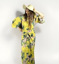 NWT Beach Front Wrapped Dress Mustard Flowers Summer Fits SML
