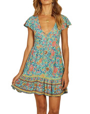 Turquoise Floral Print Mini Dress Summer Ruffle Cottage Prairie Peasant Tiers S