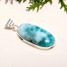 Larimar Natural Gemstone Handmade Jewelry 925 Sterling Silver Pendant 1.5"