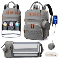 Large Diaper Bag Backpack w/ Changing Station Foldable Crib USB Charging Port 