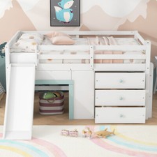 White Low Loft Bed with Built-in Slide & Storage Cabinet Full Size Loft Bunk Bed