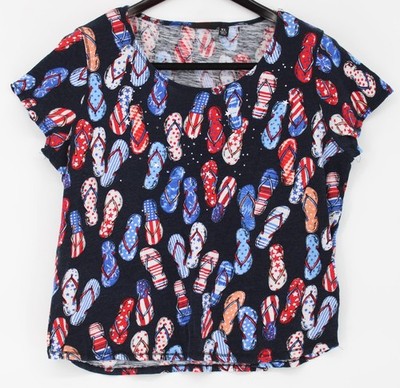 Onque Casual Shirt Womens Extra Large Navy Patriotic Flip Flop Print Cotton Tee