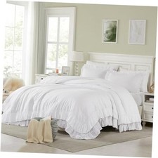 Comforter Set, 3Pcs Ruffle Comforters/Full Size Farmhouse Bedding Queen White