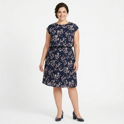 Collective Concepts Navy Leaf Print Elastic Waist Dress 2X DS4805-10X