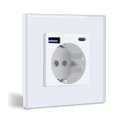Schuko Socket with USB C 20 W Quick Charger USB Type C Wall Socket with Glass...