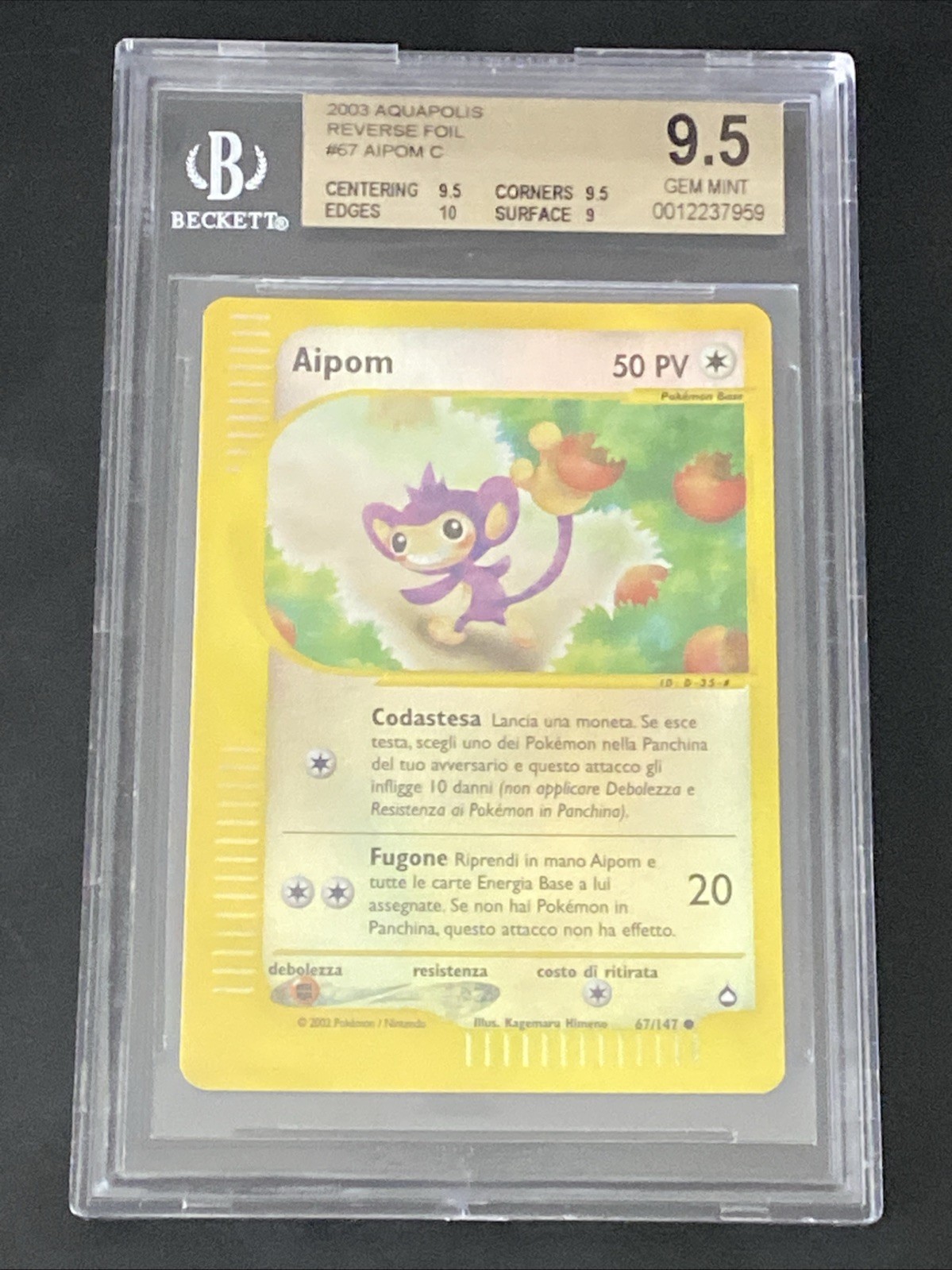 Beckett 9.5 Aipom 67/147 Aquapolis 2003 Reverse Holo Pokemon Card TCG NM/M