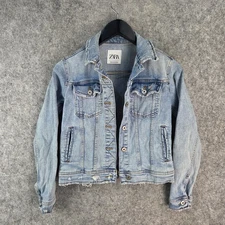 Zara Jacket Womens Extra Small Blue Denim Button Distressed 13212