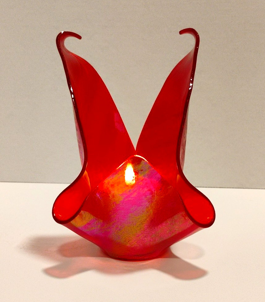 Red Iridescent Winged Curled Edge 7.5" Tall