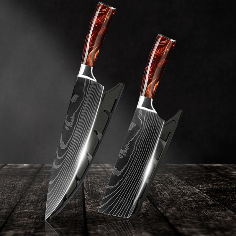 2PC Japanese Damascus pattern Stainless Steel Kitchen Chef Knives Set &Scabbard