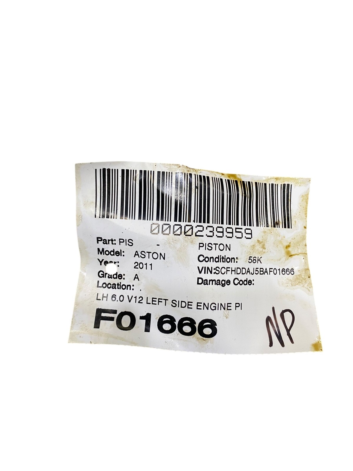 2010-2014 Aston Martin Rapide DDAJ 6.0 V12 LEFT ENGINE PISTON W/ CONNECTOR ROD