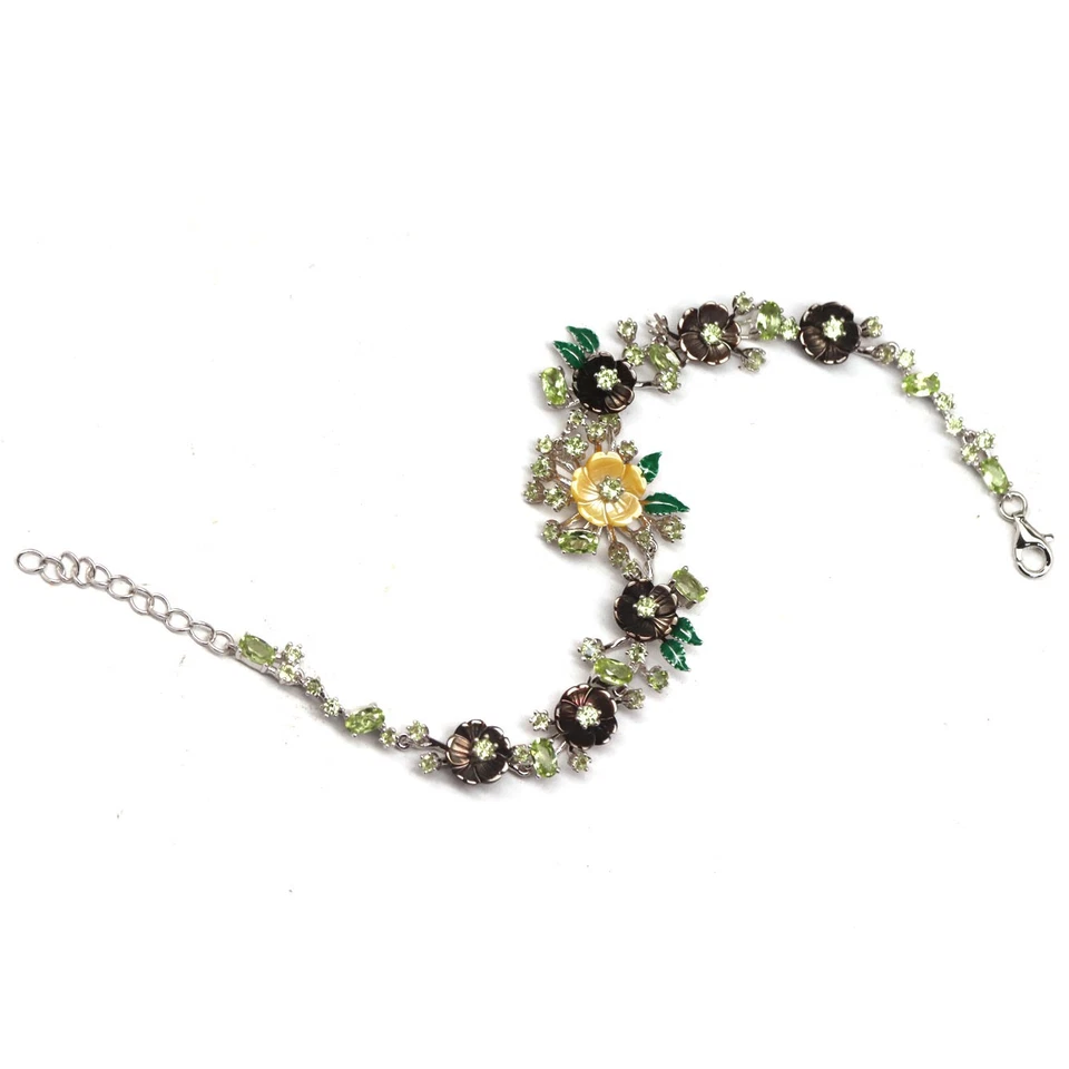 925 Sterling Silver Yellow - Black Mother Of Pearl & Peridot Bracelet 8.25 - Image 4 of 4